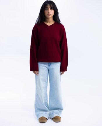Burgundy V-Neck Knit Pullover